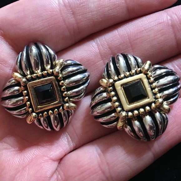 Vintage Retro 80's Designer Clip-On Earrings Silver Gold Gemstone Women's Chunky - Picture 4 of 12